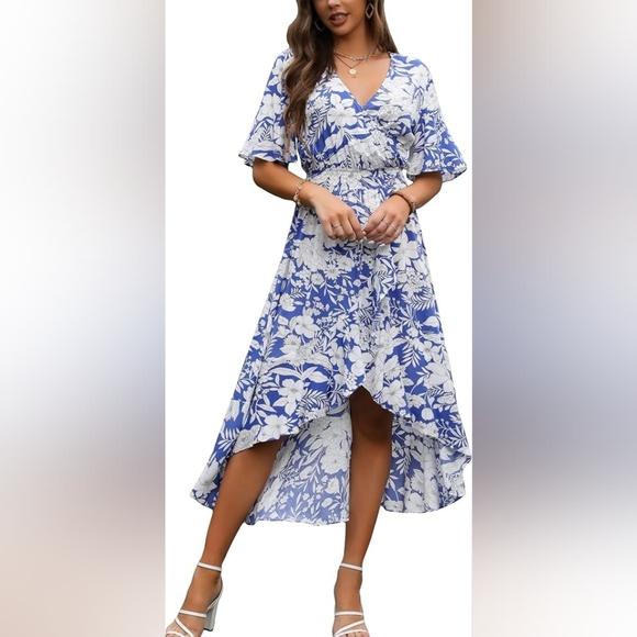 Kormei Women V Neck Short Sleeve Floral High Low Flowy Summer Beach Casual Long - Picture 2 of 4